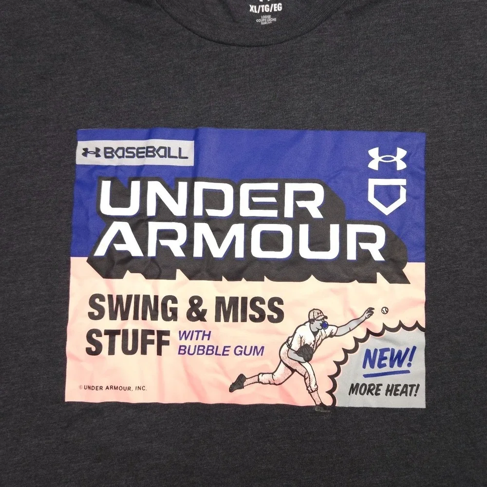 Under Armour T Shirt Loose Fit Cotton Blend Mens XL Charcoal Baseball Bubblegum